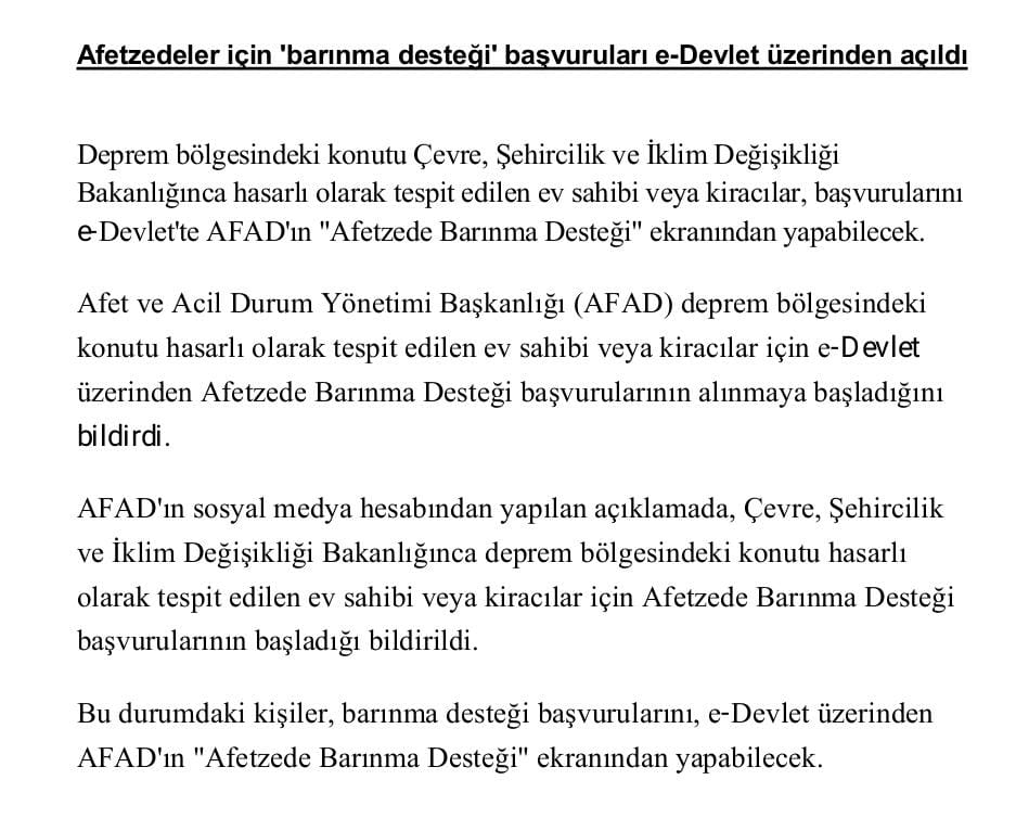 Afetzedeler İçin Barınma Desteği Başvuruları E-Devlet Üzerinden Açılmıştır